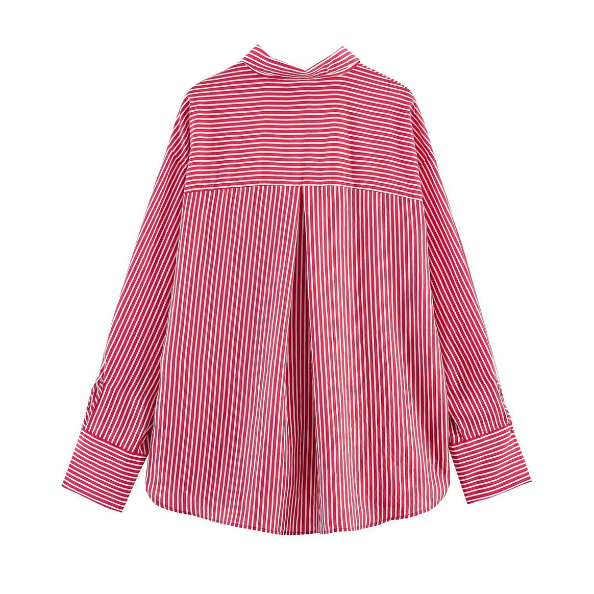 Women's Loose Shirt Blouse with Vertical Stripe Pattern and Contrast Cuffs Mune Fashion