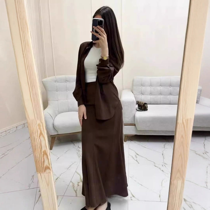 Women Two-Piece Set Tube Maxi Skirt with Flared Hem and Oversize Shirt Mune Fashion