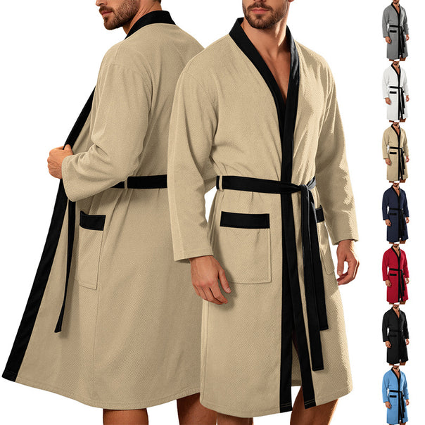 Men's lightweight cotton kimono bathrobe with waffle texture and patch pockets Mune Fashion