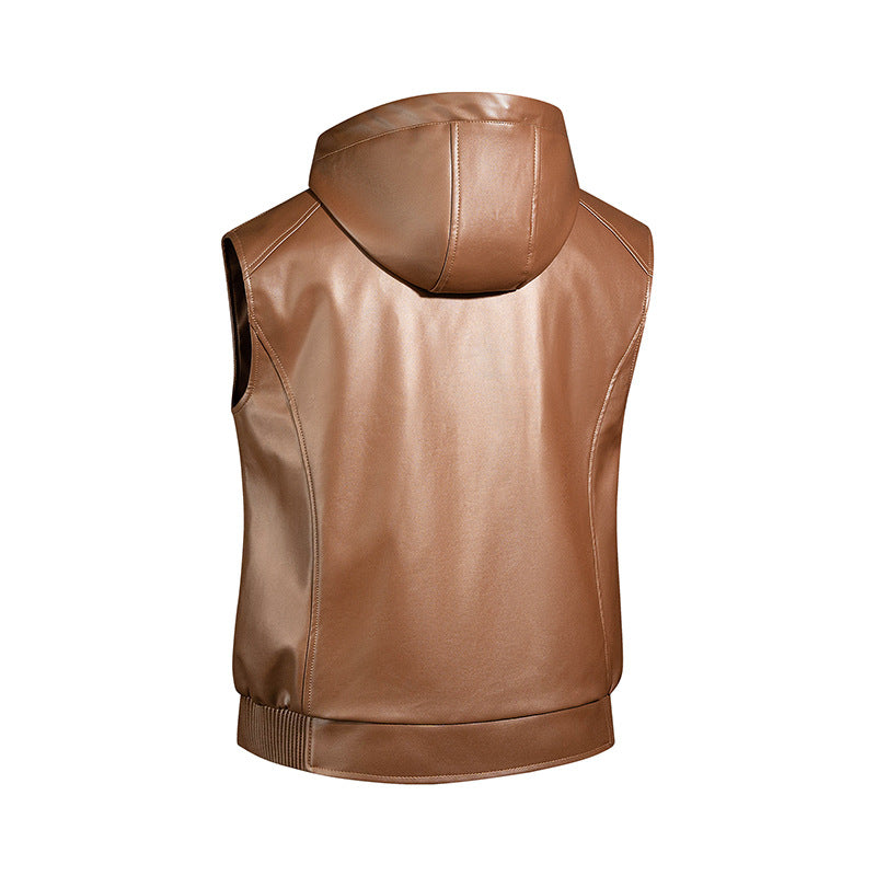 Men's Fashion Faux Leather Hooded Vest Mune Fashion