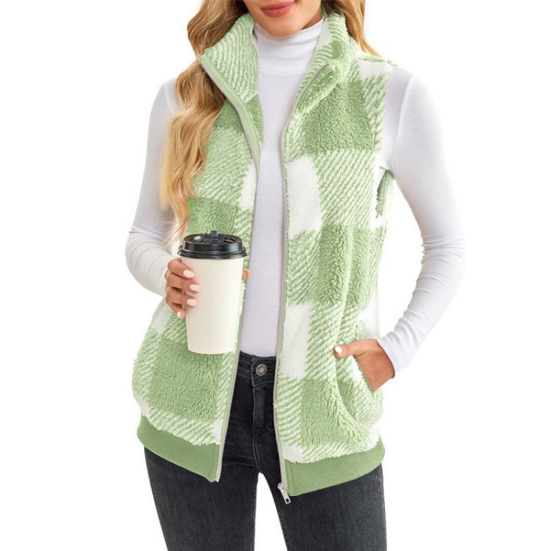Ladies Checked Teddy Vest with Stand-Up Collar, Zipper and Side Pockets Mune Fashion