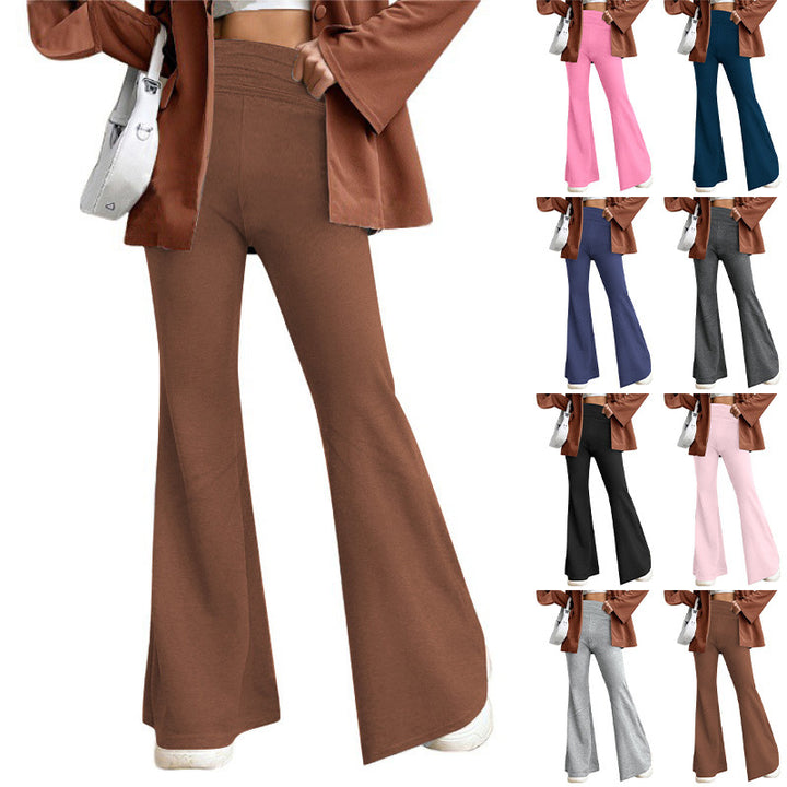 Women's High-Waist Flared Trousers with Wide Leg and Elastic Comfort Waistband Mune Fashion