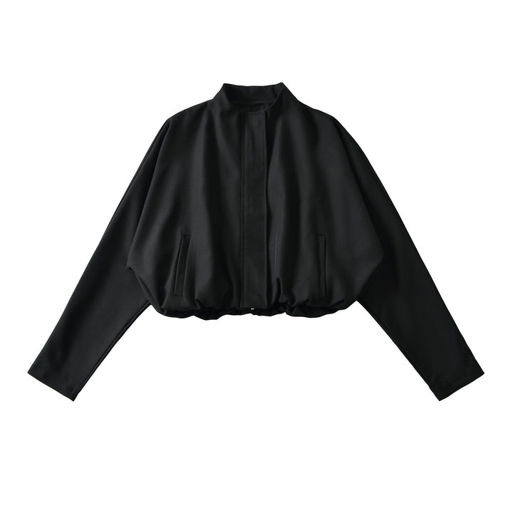 Women's Cropped Cape Blouson with Stand-Up Collar, Concealed Placket, and Elastic Hem