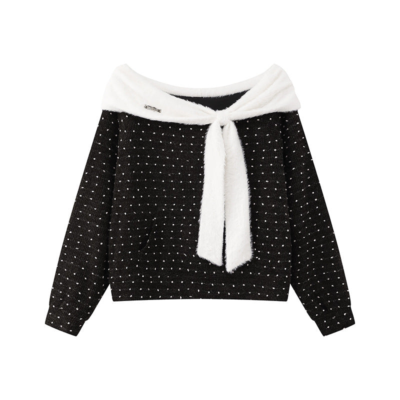 Women's Cozy Knitted Sweater with Large Faux Fur Shawl Collar and Kangaroo Pocket Mune Fashion