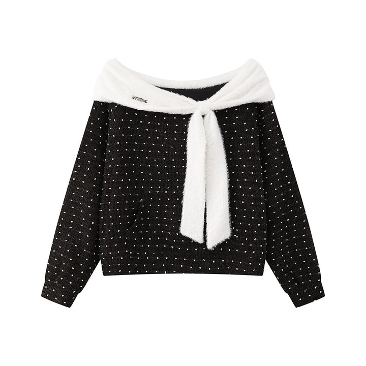 Women's Cozy Knitted Sweater with Large Faux Fur Shawl Collar and Kangaroo Pocket Mune Fashion