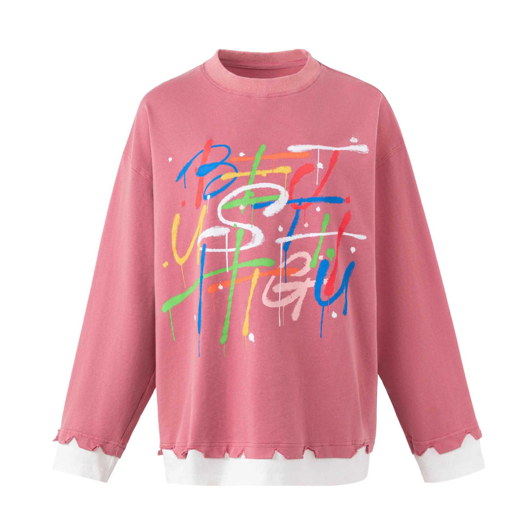 Women's Oversize Sweatshirt with Graffiti Print, Wavy Hem and Layered Look Mune Fashion