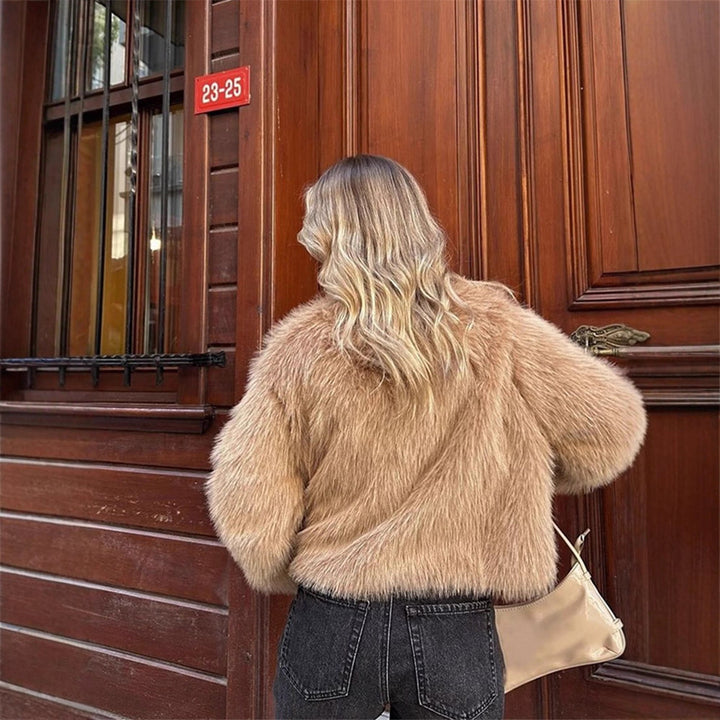 Women's Short Cut Faux Fur Coat with Decorative Ribbons and Boxy Silhouette Mune Fashion