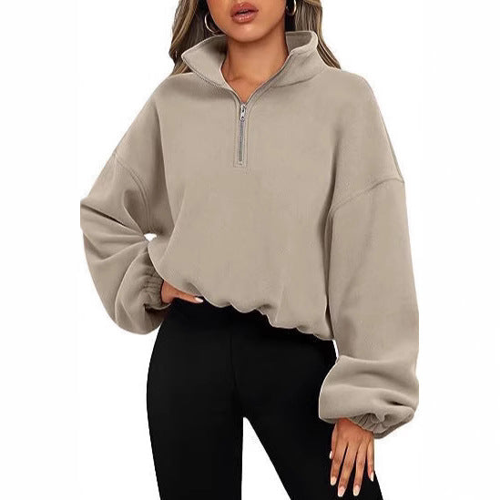 Women's cropped half-zip sweatshirt with high standing collar, balloon sleeves and elastic hem Mune Fashion