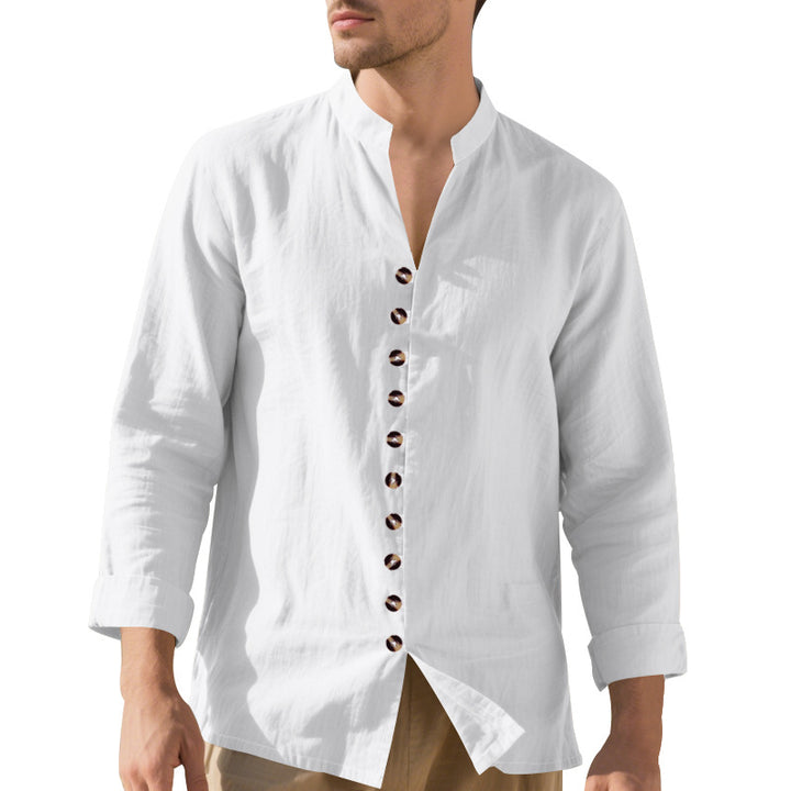Men's casual linen shirt with Mandarin collar, continuous decorative button placket and roll-up sleeves Mune Fashion
