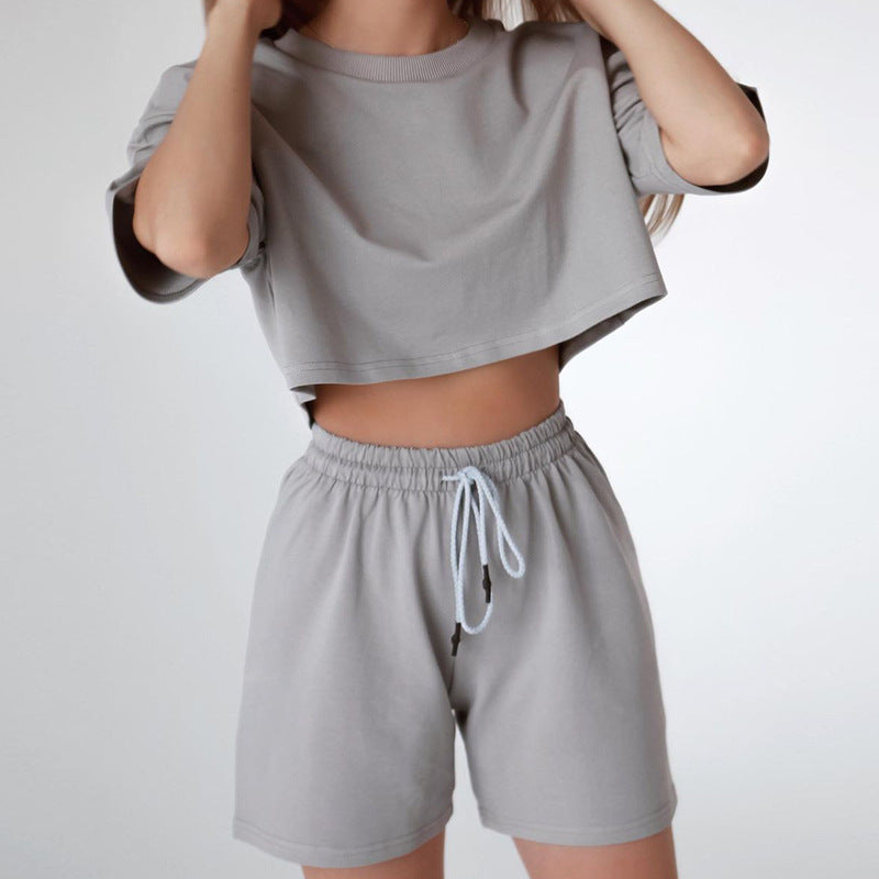 Women Two-Piece Cropped Lounge Set made of Cotton Jersey with Elastic Drawstring Shorts Mune Fashion