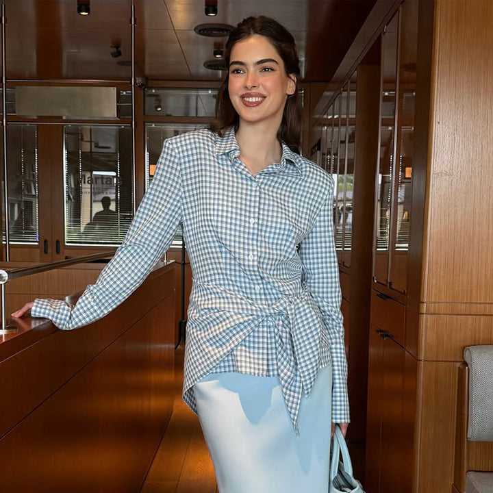 Women Gingham Wrap Blouse with Side Waist Tie and Shirt Collar Mune Fashion