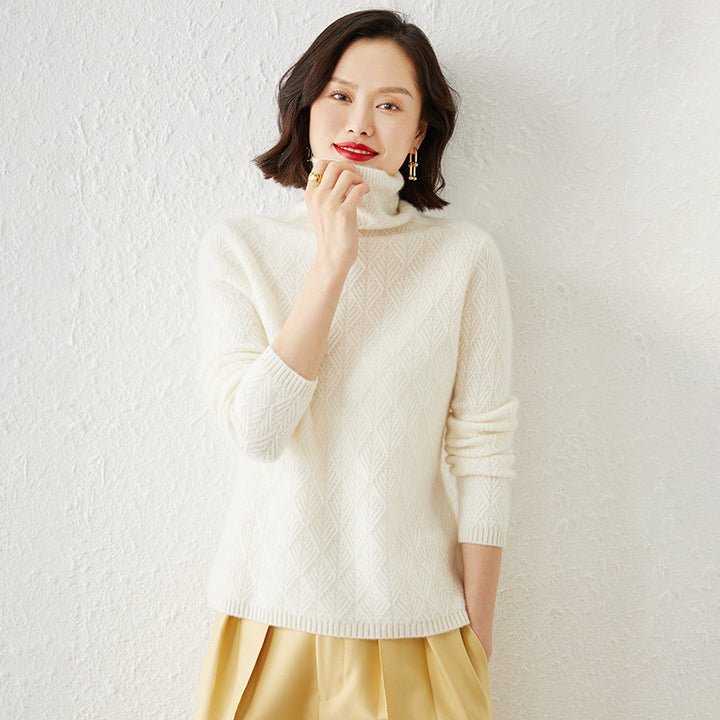 Ladies Luxurious Mohair-Mix Turtleneck Sweater with Diamond Pattern Mune Fashion Openwork Structure Mune Fashion
