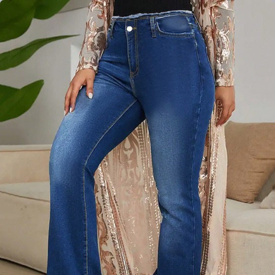 Women's High-Waisted Elastic Jeans with Bootcut and Frayed Hem Mune Fashion