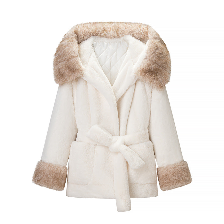 Women's Short Teddy Faux Fur Coat with Hood, Quilted Lining and Ties Mune Fashion