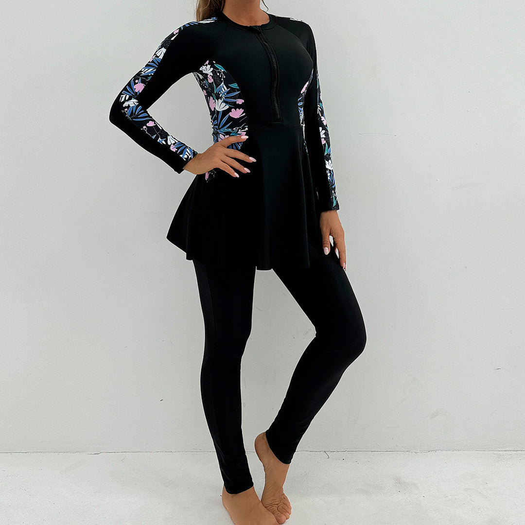 Women's Sporty Long Sleeve Swimming Suit with Flattering Skirt Mune Fashion