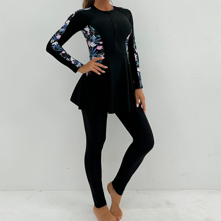 Women's Sporty Long Sleeve Swimming Suit with Flattering Skirt Mune Fashion