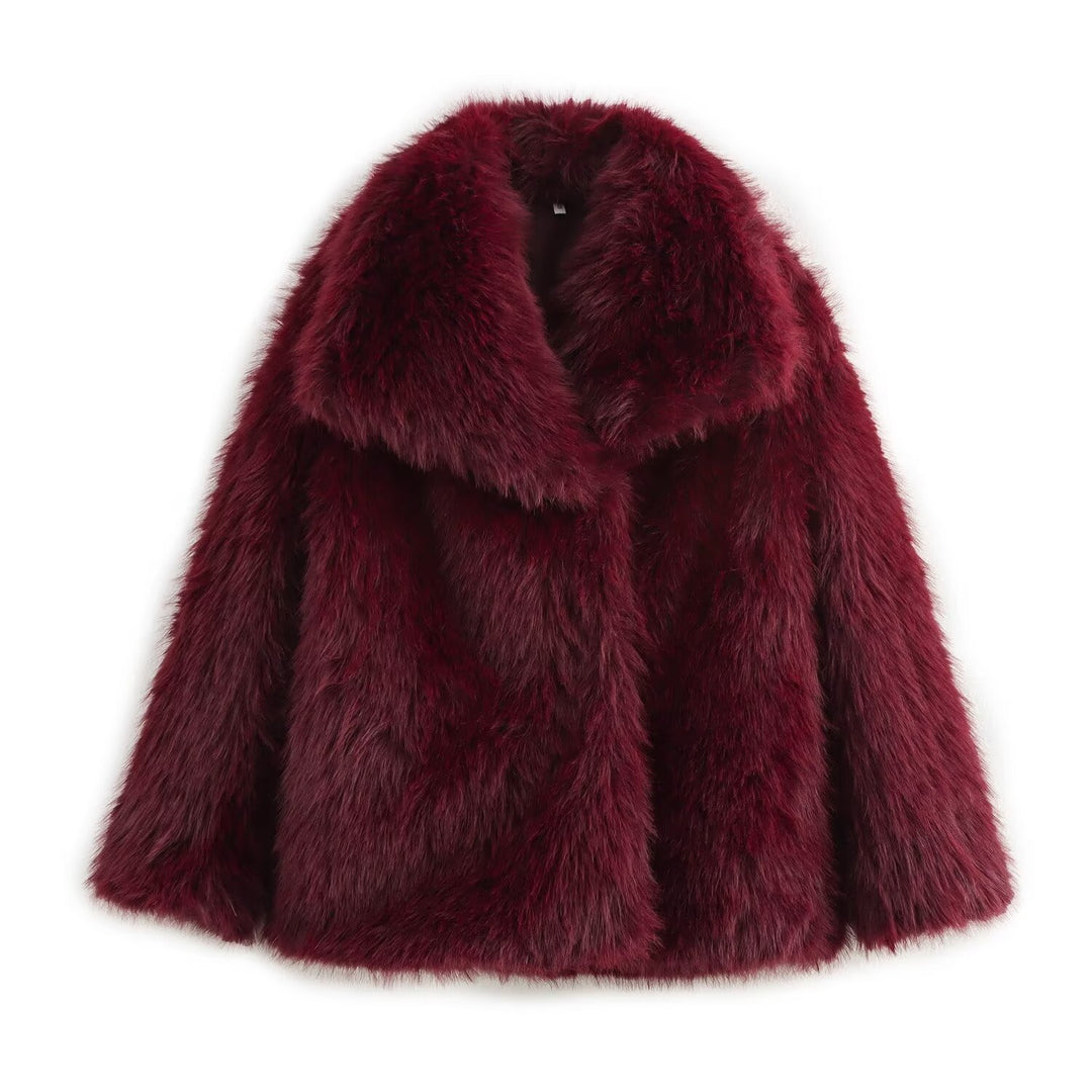 Ladies Short-Cut Faux-Fur Coat with Voluminous Shawl Collar and Straight Cut Mune Fashion