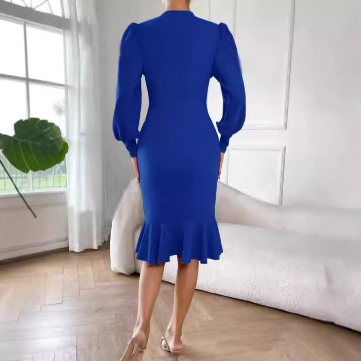 Women's tailored pencil midi dress with stand-up collar, balloon sleeves and bell ruffle Mune Fashion