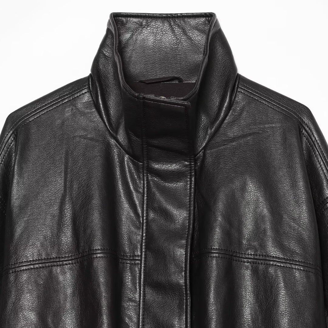 Women's Cropped Boxy Faux Leather Jacket with High Funnel Collar and Concealed Placket Mune Fashion