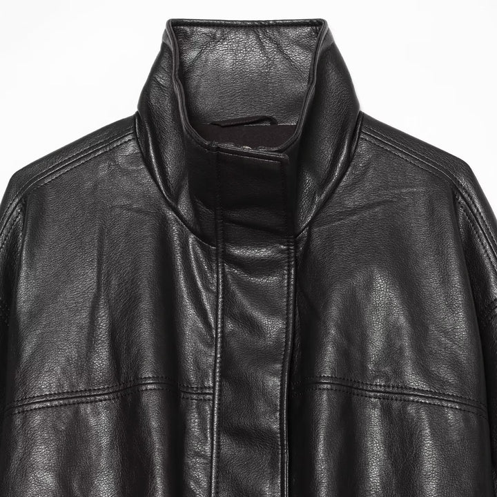 Women's Cropped Boxy Faux Leather Jacket with High Funnel Collar and Concealed Placket Mune Fashion