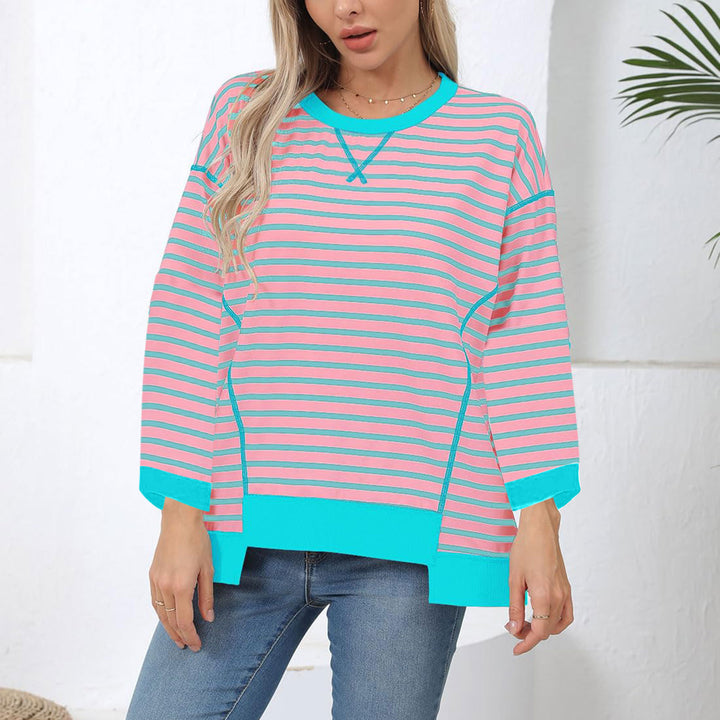 Women's oversized striped sweatshirt pullover with contrasting hem, dropped shoulder and side slits Mune Fashion