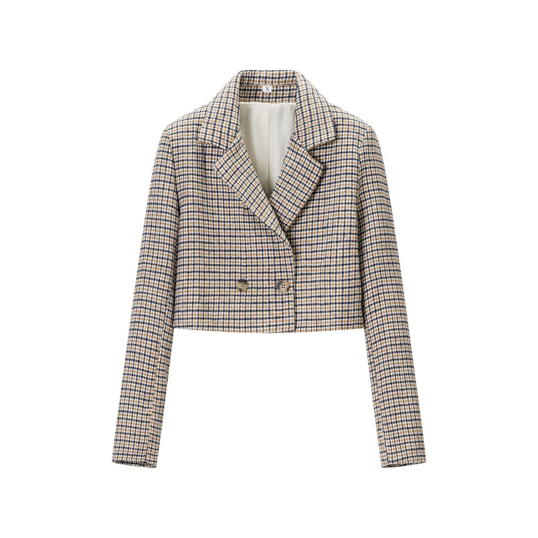 Women Cropped Wool Blend Blazer with Houndstooth Pattern and Double-Breasted Button Placket Mune Fashion