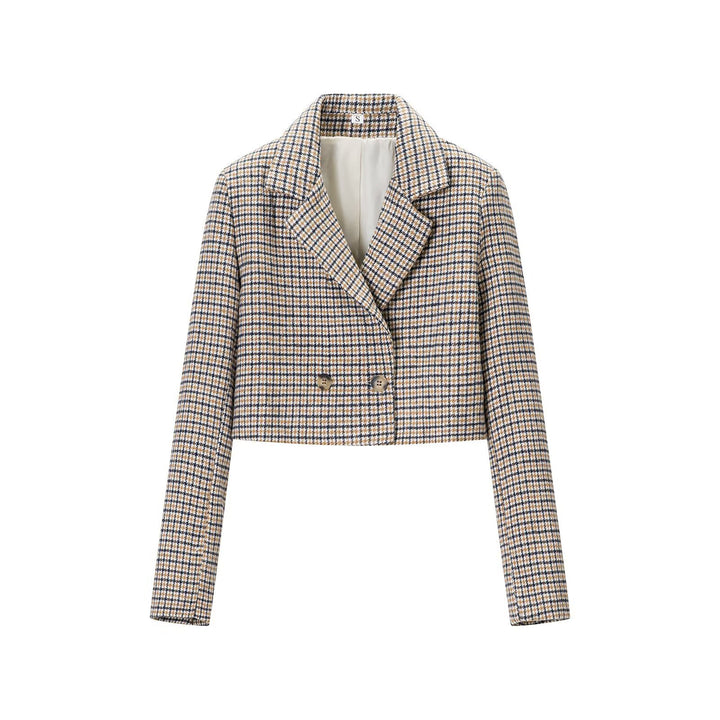 Women Cropped Wool Blend Blazer with Houndstooth Pattern and Double-Breasted Button Placket Mune Fashion