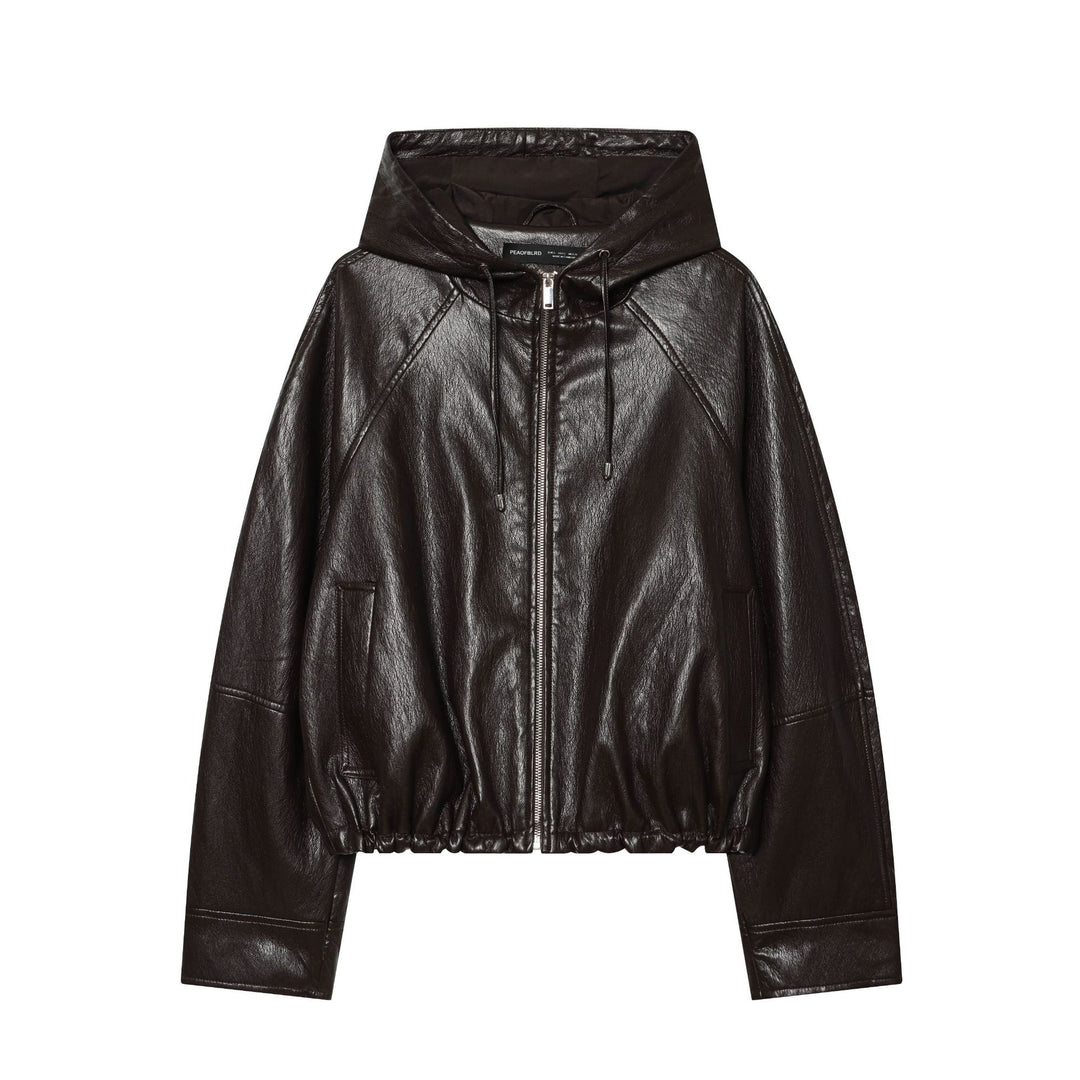 Women's short faux leather bomber jacket with hood, zipper and elastic hem Mune Fashion