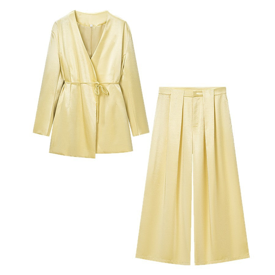 Women Two-Piece Wrap Blazer Set with Tie Belt and High-Cut Wide Pleated Pants Mune Fashion