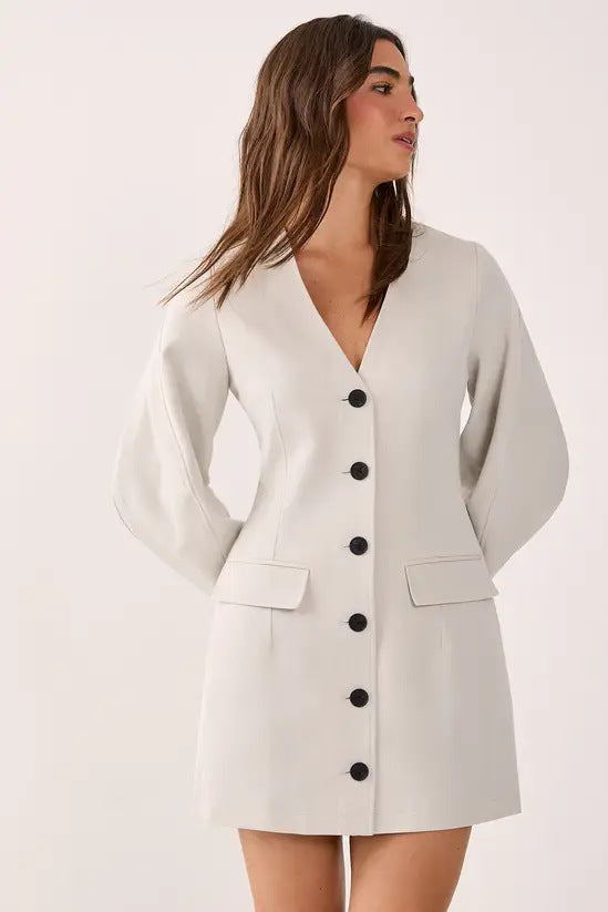 Women Tailored Blazer Mini Dress with Balloon Sleeves and Flap Pockets Drune