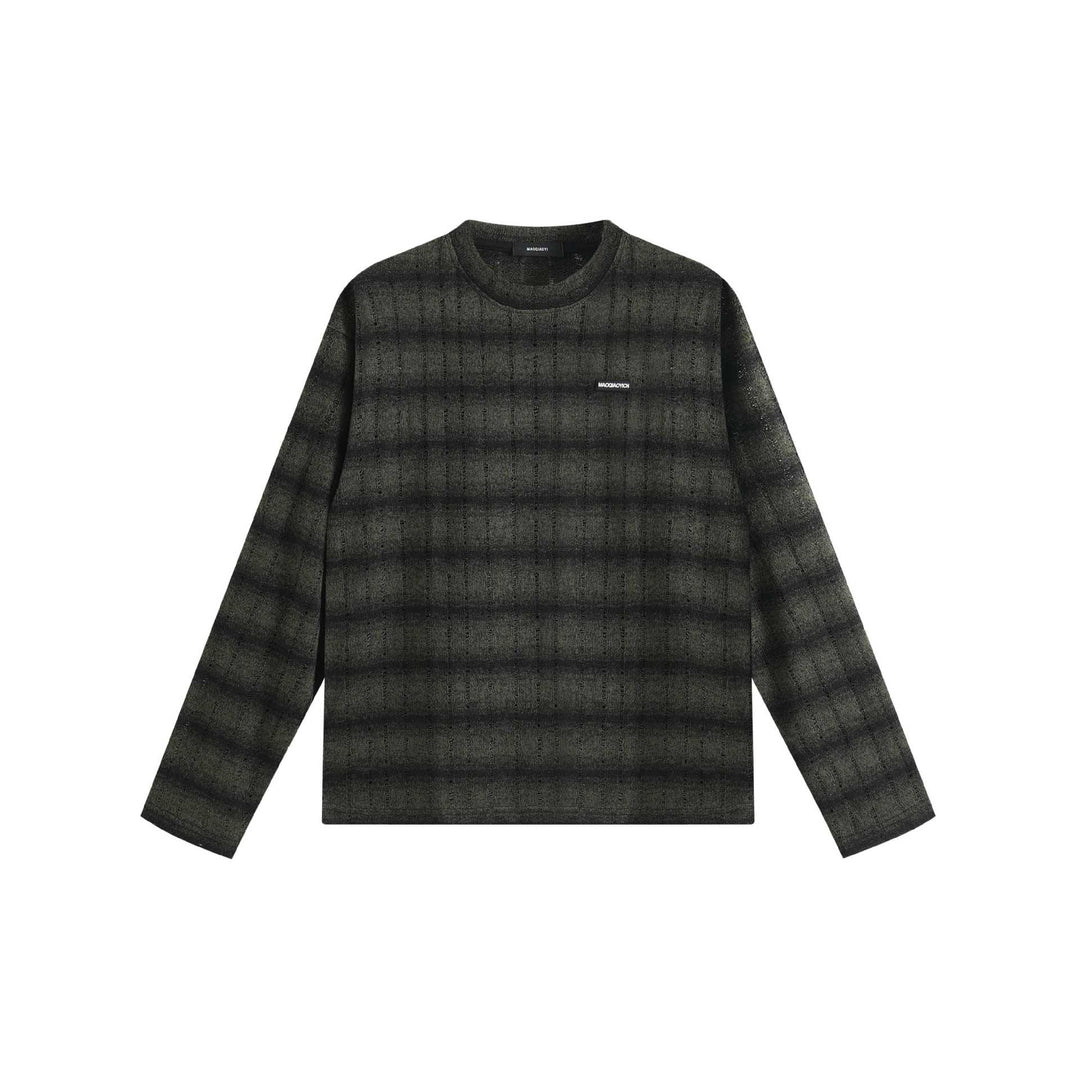 Unisex fine-structured round neck sweater with horizontal stripe pattern and logo patch Mune Fashion