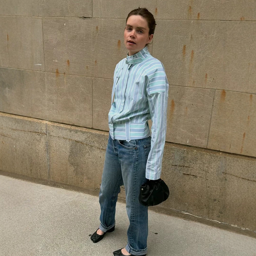 Women's Structured Blouse with Stand Collar, Waist Belt and Vertical Stripe Design Mune Fashion