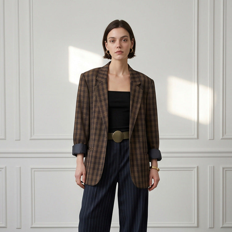 Women’s oversized check blazer with boxy silhouette and dropped shoulders Mune Fashion