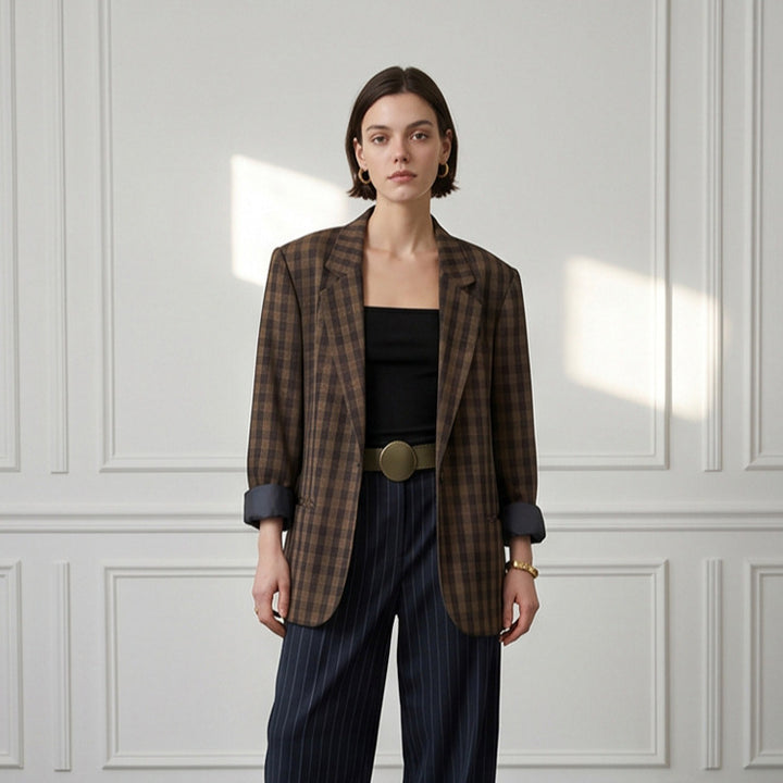 Women’s oversized check blazer with boxy silhouette and dropped shoulders Mune Fashion