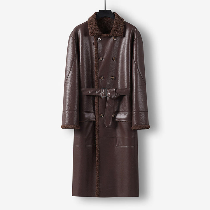 Men's Maxi-length Faux Leather Coat with Teddy Lining, Double-breasted Button Placket and Waist Belt Mune Fashion