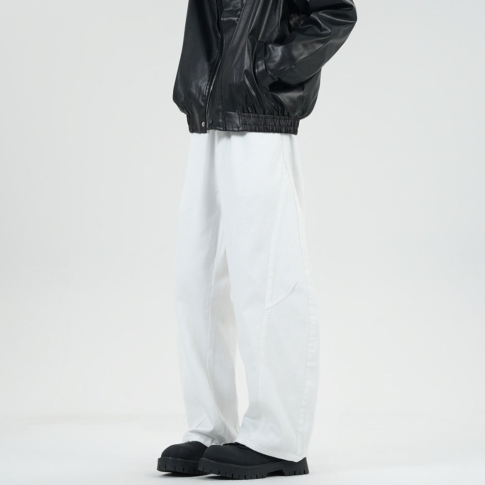 Men's Wide Stonewashed Panel Denim Pants with Drop Crotch and Distinctive Decorative Stitching Mune Fashion