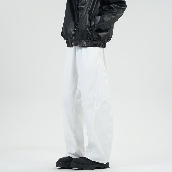 Men's Wide Stonewashed Panel Denim Pants with Drop Crotch and Distinctive Decorative Stitching Mune Fashion