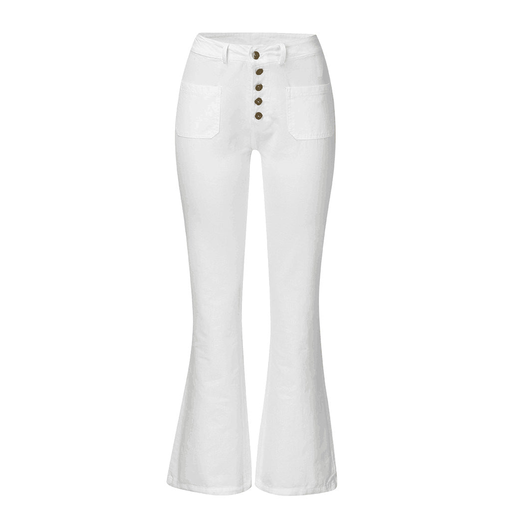 Women nan High-Waist Flared Trousers with visible button placket and applied front pockets Mune Fashion