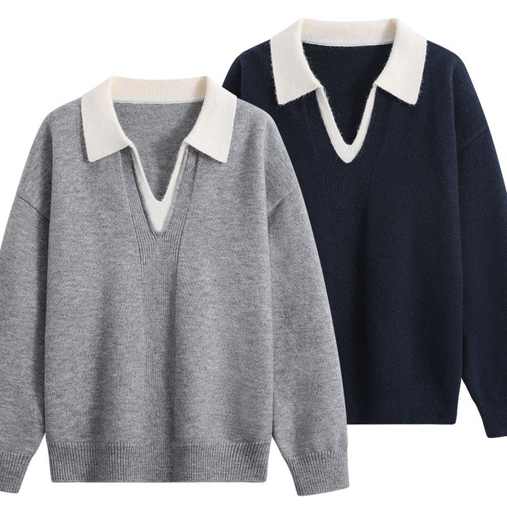 Women's Oversize Polo Knit Sweater made of soft wool blend with contrast collar and deep V-neck Mune Fashion