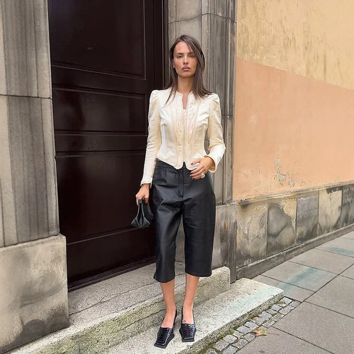 Women Tailored Cropped Blazer with Sculpted Shoulder and Decorative Trimmings Mune Fashion