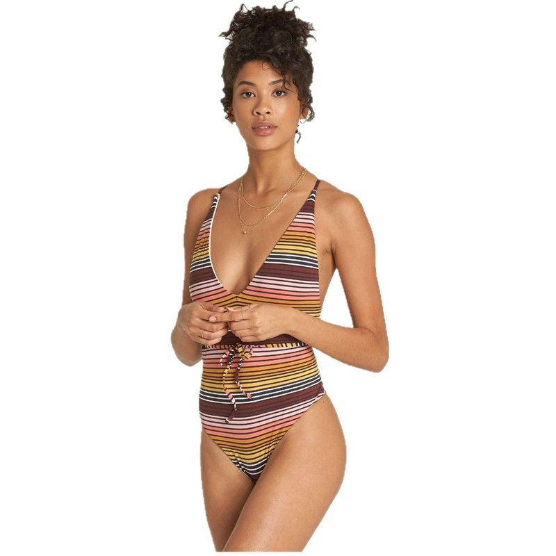Women's One-Piece Swimsuit with Deep V-Neck and Casual Tie Mune Fashion