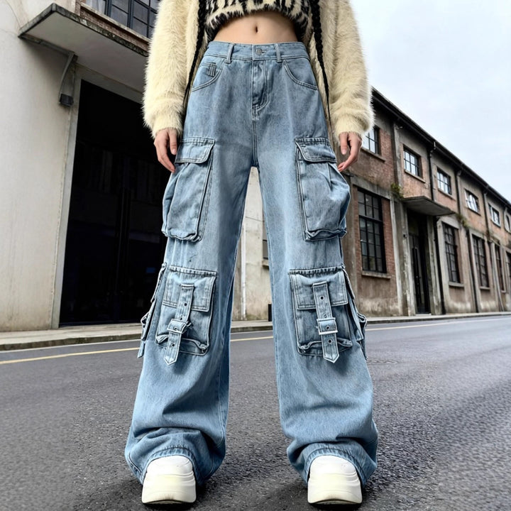 Women's Wide Cargo Jeans with Multiple Patch Pockets and Utility Details Mune Fashion