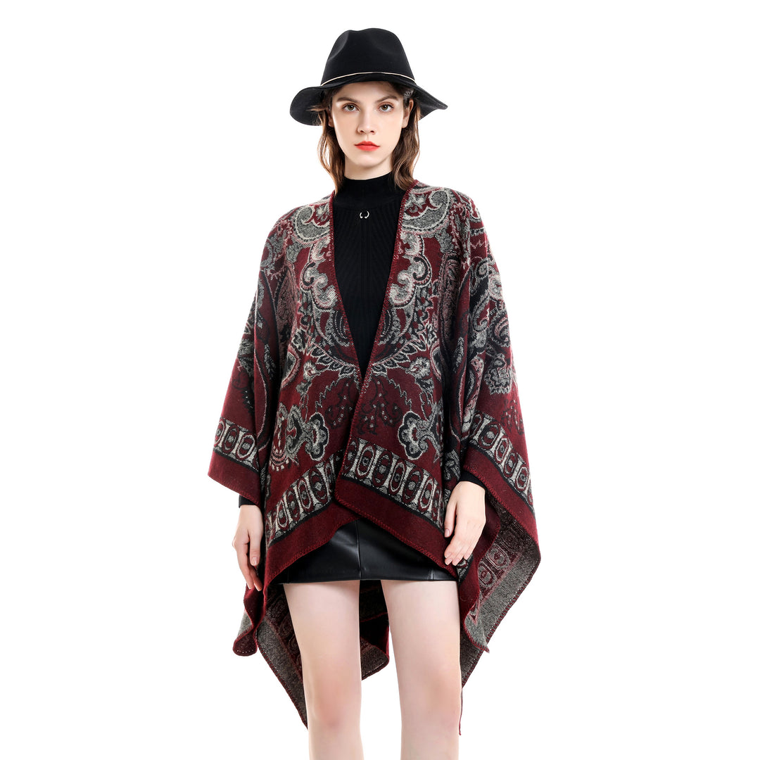 Women’s jacquard-woven oversized ruana with ornamentation and open kimono fall drape