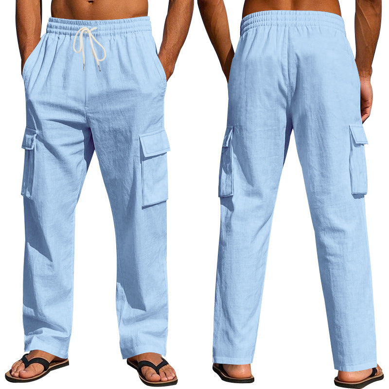 Men's light cargo pants in resort look with elastic drawstring, multiple pockets and straight leg Mune Fashion