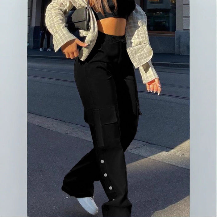 Women's High-Waist Cargo Pants with Wide Leg, Drawstring and Side Snap Details Mune Fashion