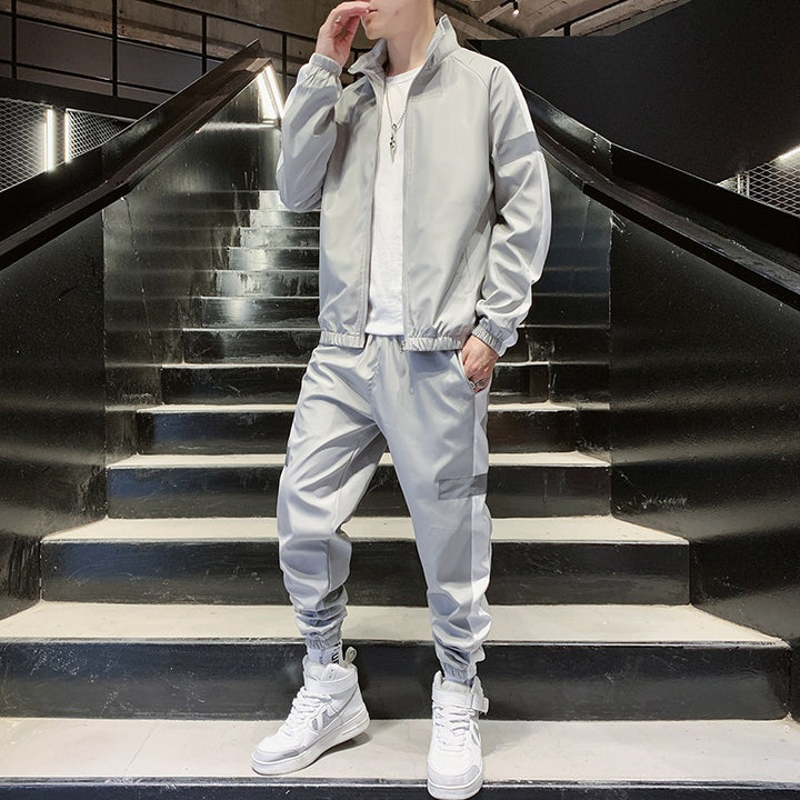 Men's Two-Piece Streetwear Training Set with Stand-Up Collar, Contrast Stripes & Reflective Inserts Mune Fashion