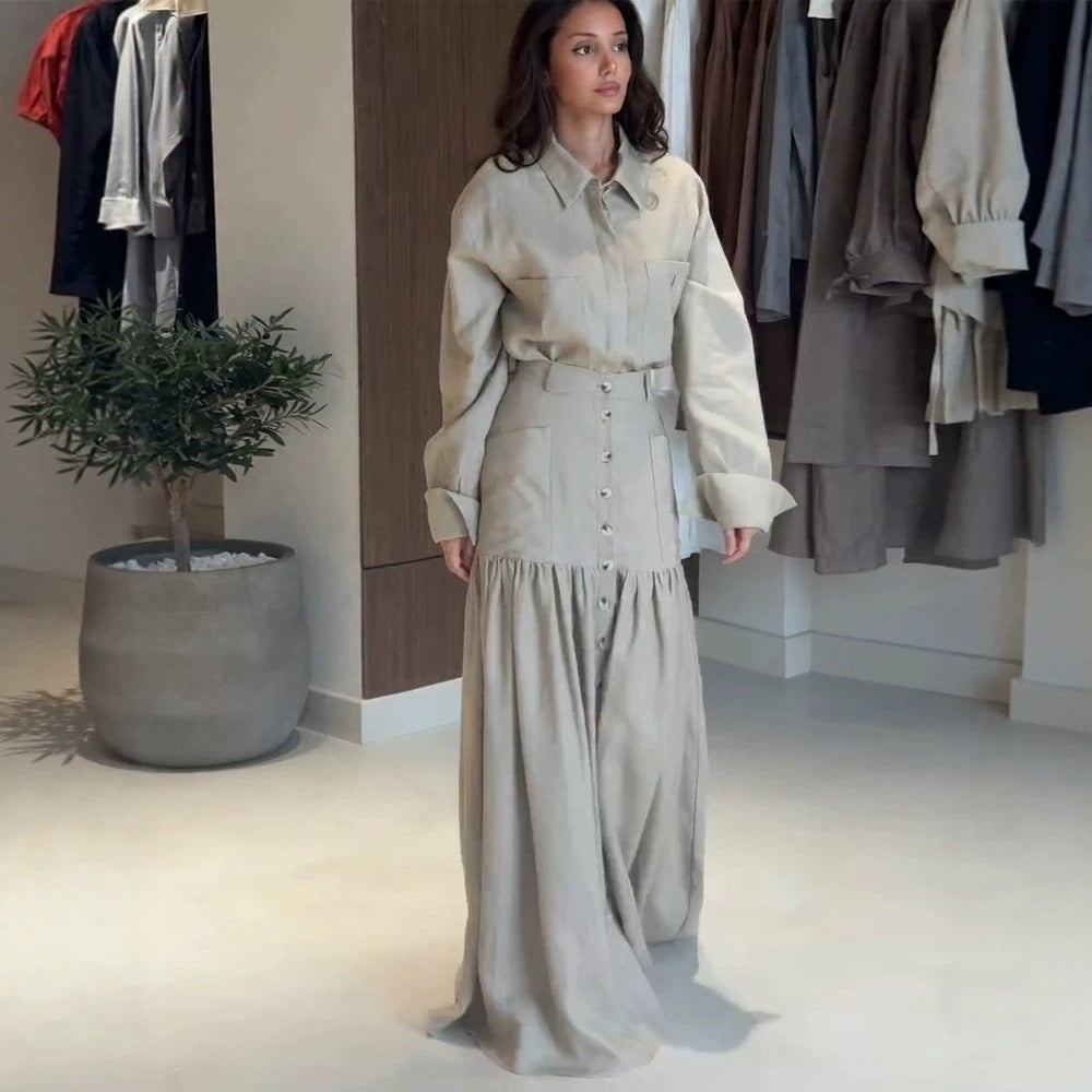 Women Two-Piece Oversized Shirt and Maxi Skirt Set with High Waist & Continuous Button Placket Mune Fashion