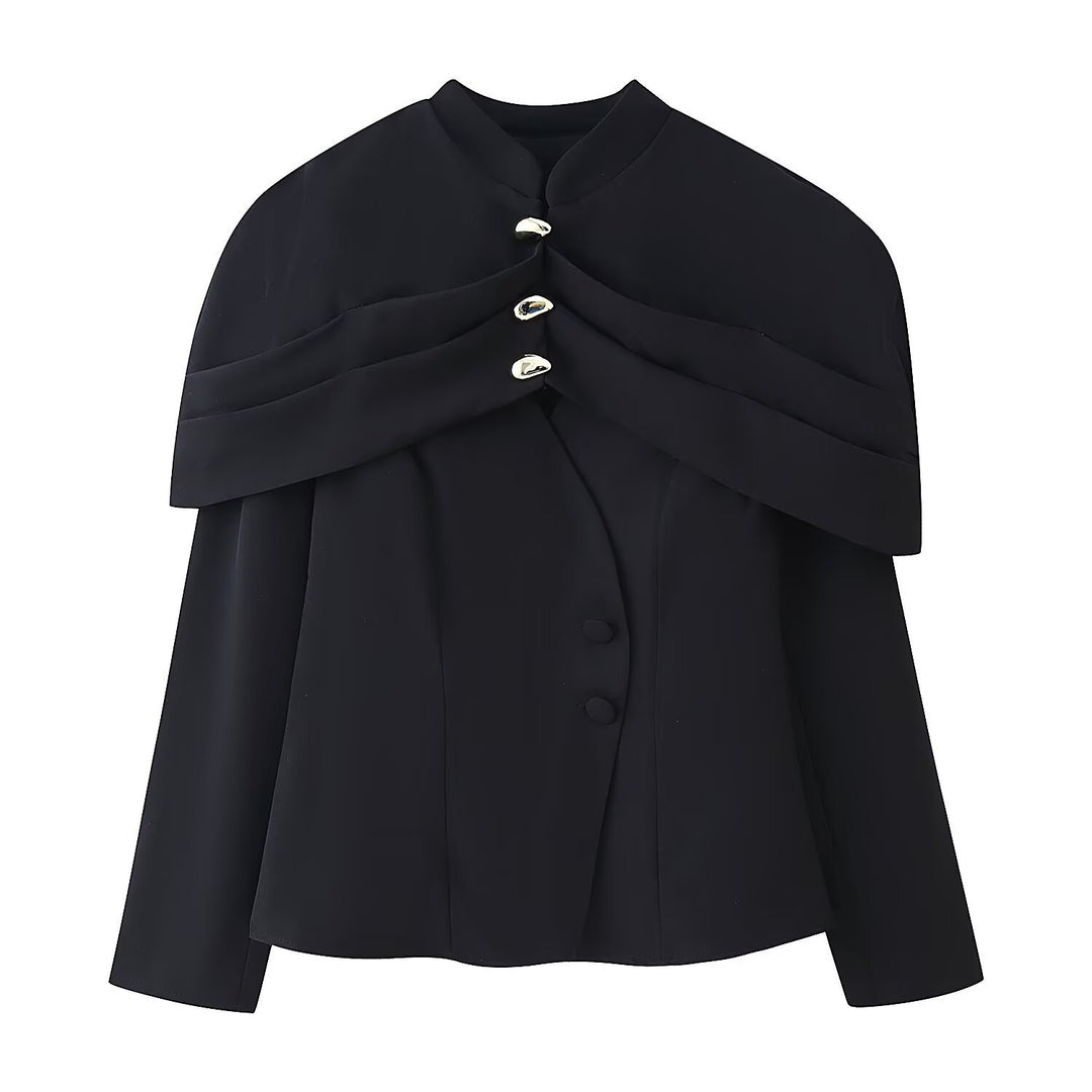 Women Short Tailored Blazer with Cape Overlay and Stand Collar Mune Fashion