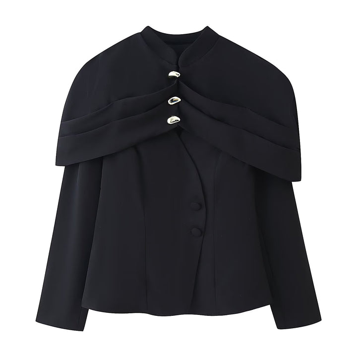 Women Short Tailored Blazer with Cape Overlay and Stand Collar Mune Fashion