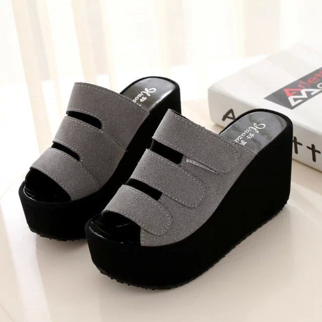 Women's triple adjustable Velcro sandals with high platform wedge heel Mune Fashion
